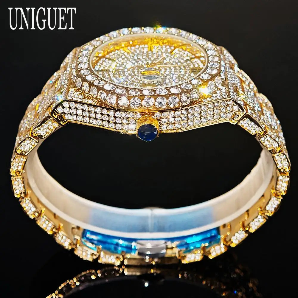Luxury diamond-encrusted watch with gold casing on a black background, featuring the brand 'UNIGUET'.