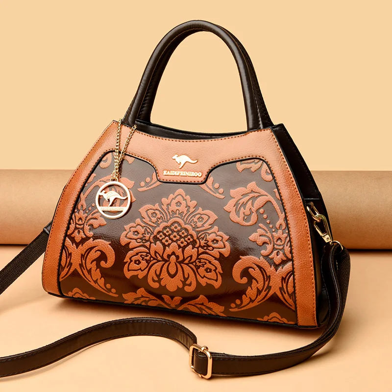 Handbag with floral patterns on a beige background
