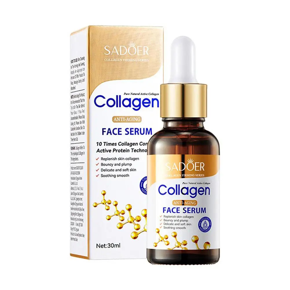 Collagen face serum bottle and packaging on a white background