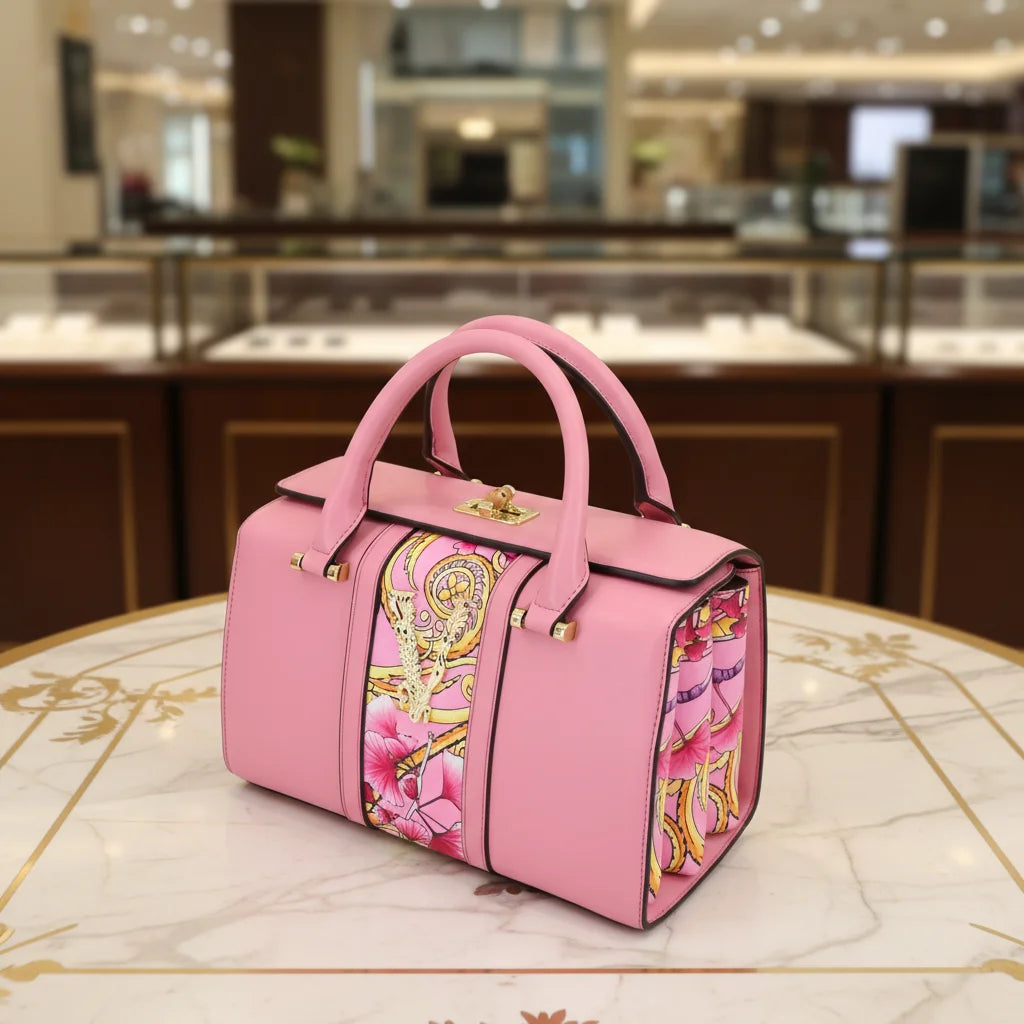 Pink handbag with floral and paisley patterns on a marble surface with a blurred jewelry store background.
