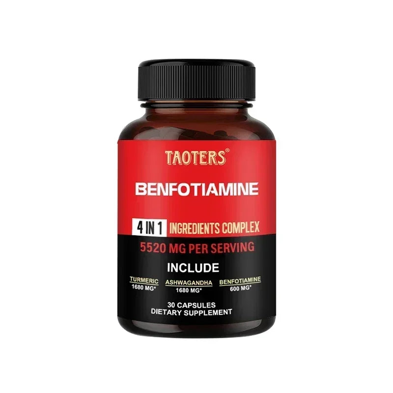A bottle of Taoters Benfotiamine 4 in 1 Ingredients Complex dietary supplement, 30 capsules, on a solid white background.