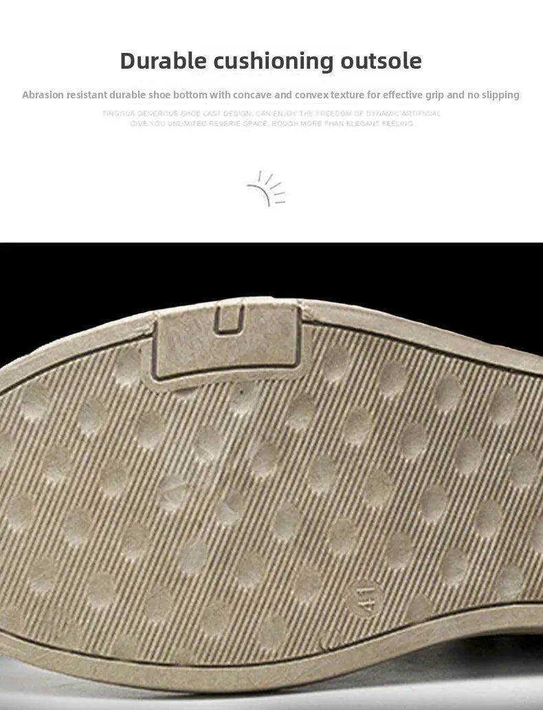 Close-up of the textured outsole of a shoe, showing the tread pattern and a small tab detail, with text above describing durable cushioning and abrasion resistance.