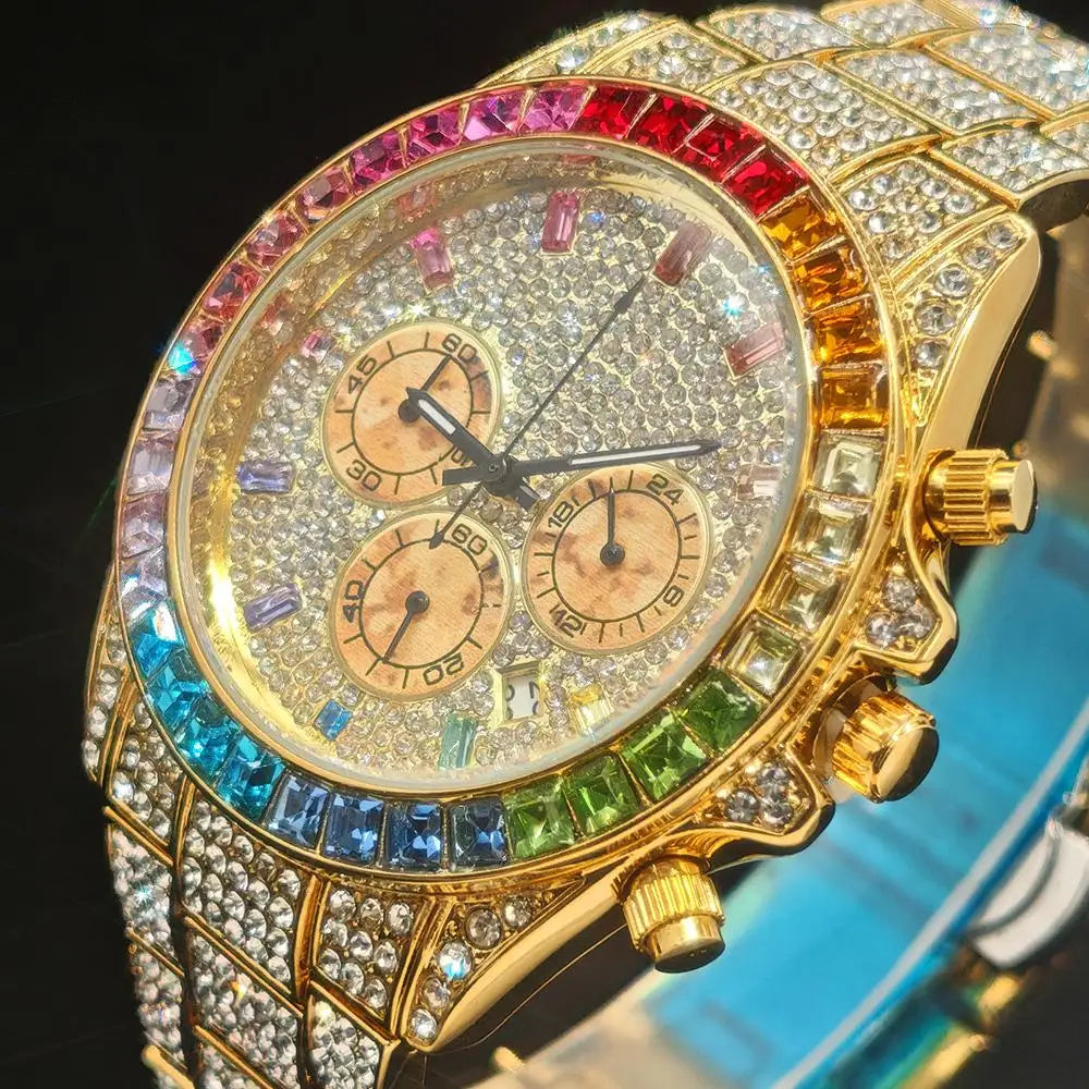Luxury watch with colorful gemstones and gold casing on a reflective surface