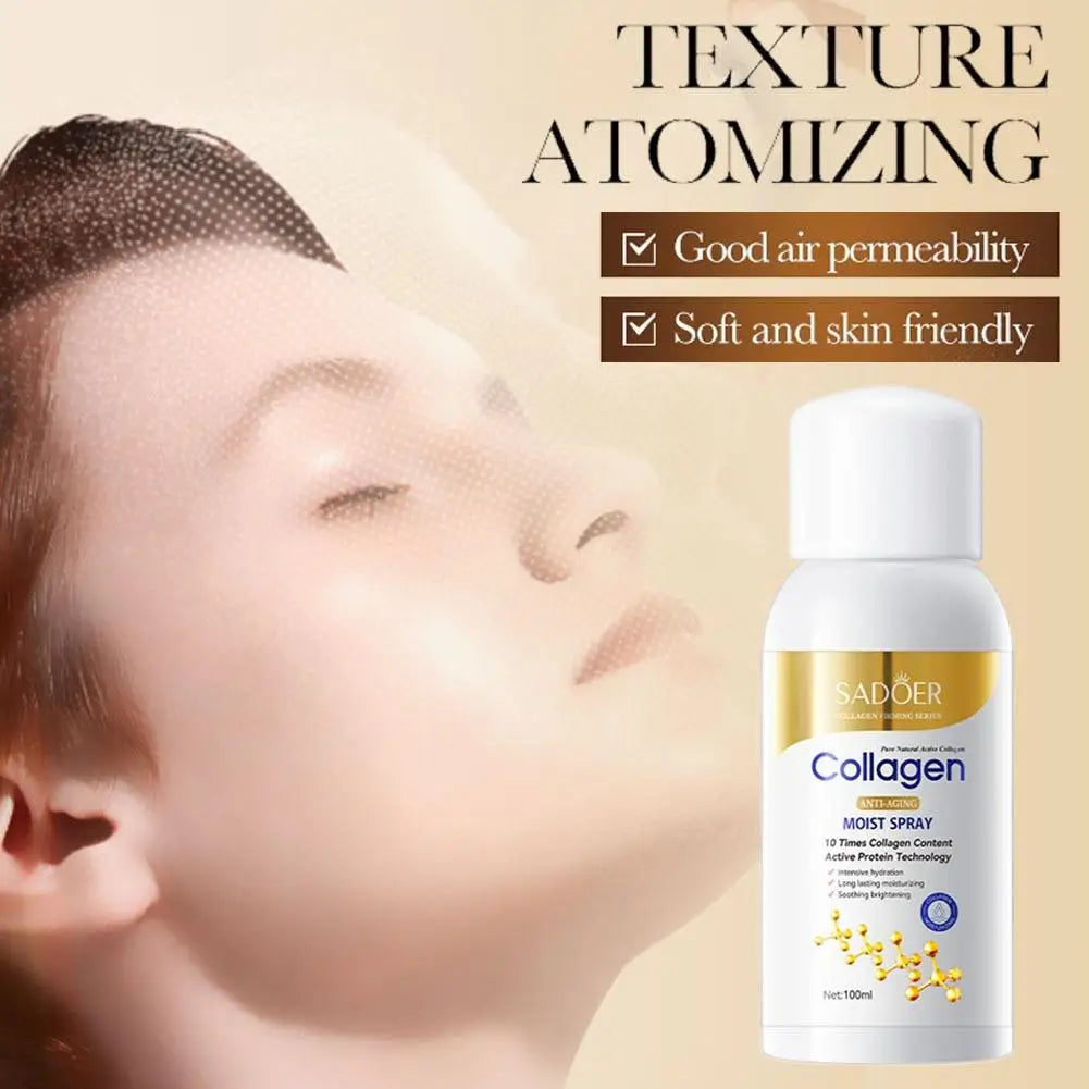Collagen moist spray bottle with a woman's face in the background, emphasizing texture atomizing features.