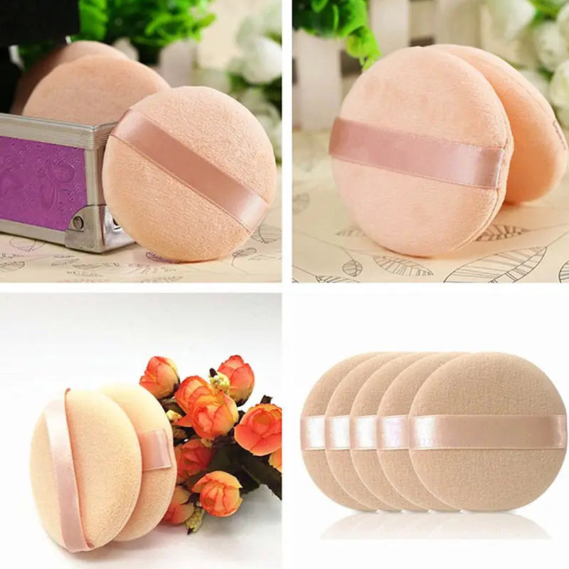 Collage of a beige sponge with a pink band, used for makeup application, on a white background.
