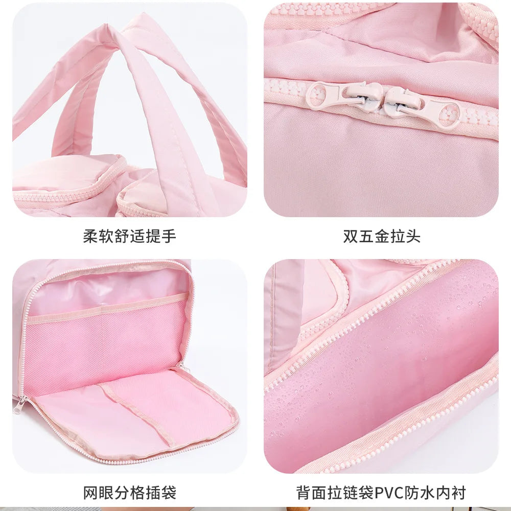 Close-up details of a pink bag with text labels on a white background