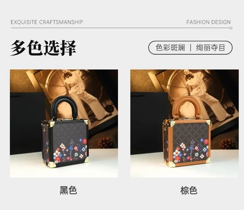 A promotional graphic showing two small structured handbags side by side with Chinese text. The left bag is black with a floral pattern and a black handle; the right bag is brown with a floral pattern and a tan handle.