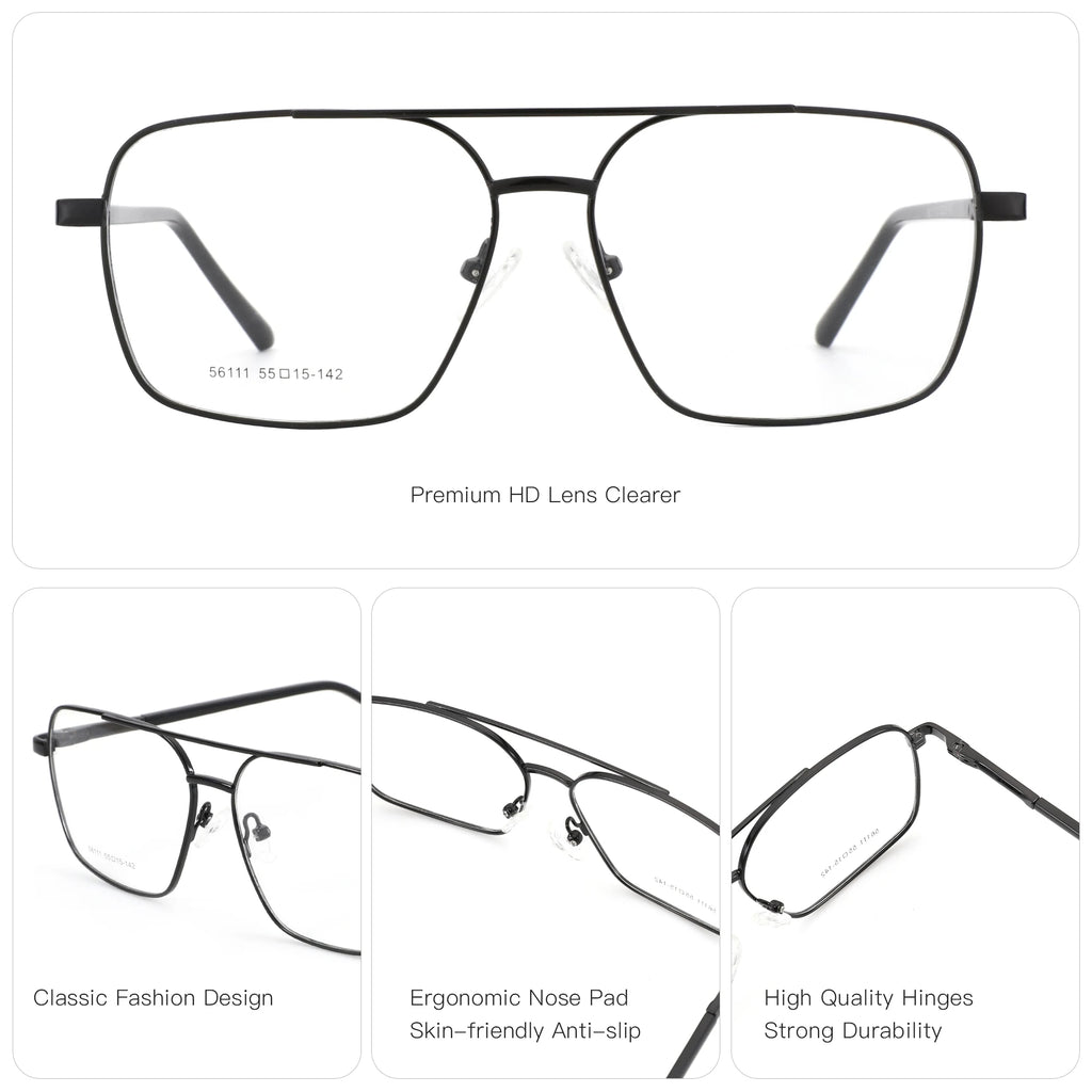 Black eyeglasses with features highlighted on a white background
