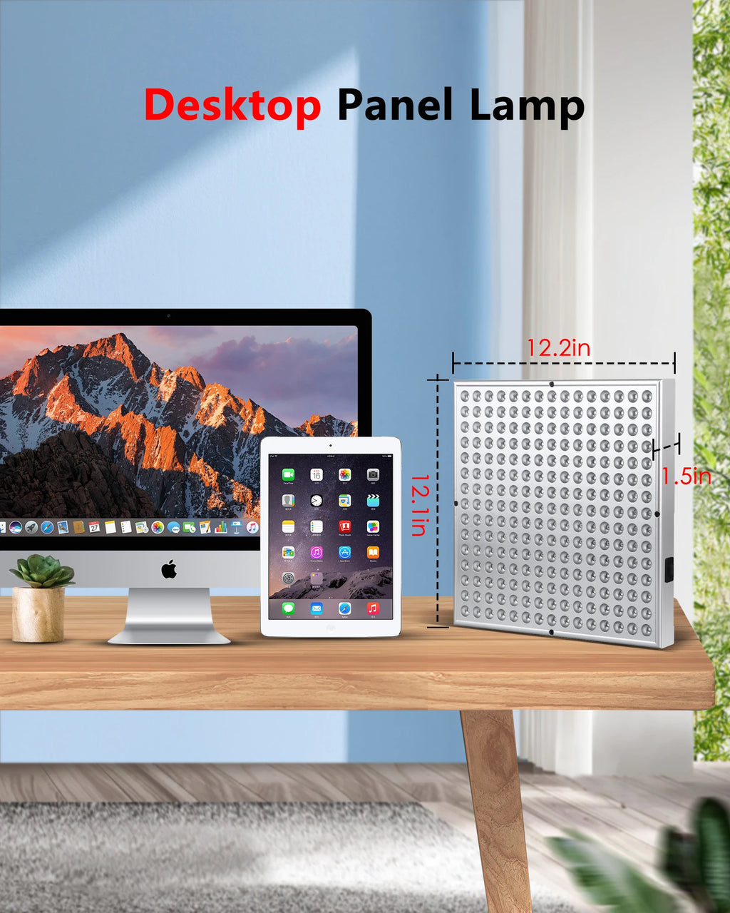 Desktop panel lamp on a desk with a computer and tablet, showing dimensions.