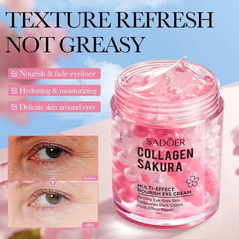 Jar of Sadoer Collagen Sakura eye cream with text highlighting benefits on a light blue background.