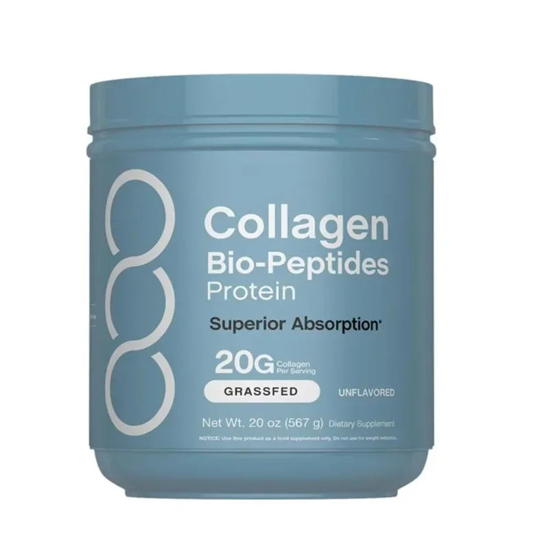 Blue container of collagen bio-peptides protein powder on a white background