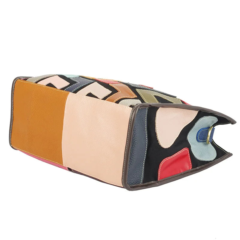 Women's Genuine Leather Color-Contrast Tote Bag