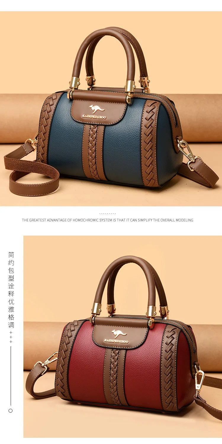 A structured handbag shown in two color variants: a blue and brown version on the top, and a burgundy and brown version on the bottom. Both feature braided leather details, double top handles, a front flap with a kangaroo logo, and a matching shoulder strap, set against a warm beige background.