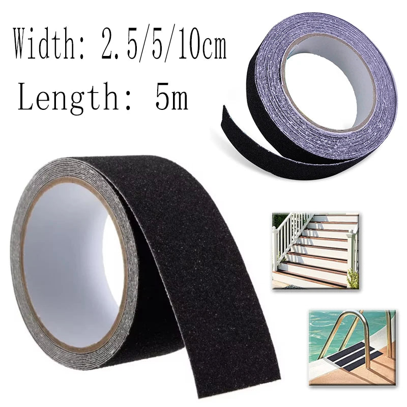 Black anti-slip tape rolls shown on a white background with printed dimensions 'Width: 2.5/5/10cm Length: 5m' and two small inset photos demonstrating use on stairs and pool steps.