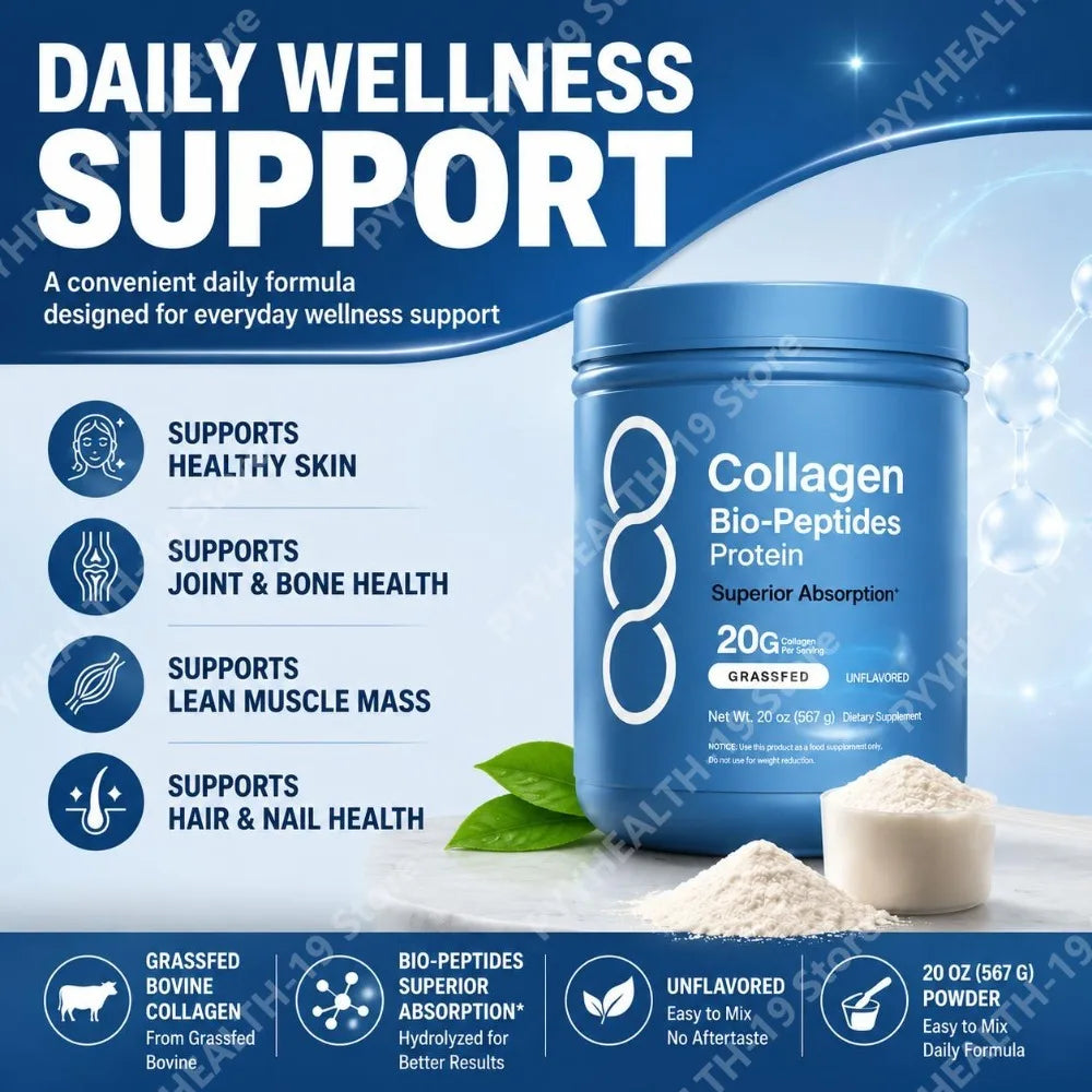 A blue tub of Collagen Bio-Peptides Protein powder shown on a promotional graphic with text callouts about health benefits, a small pile of white powder, and green leaves. The brand name visible on the tub is 3OO.