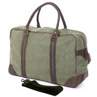 Green duffel bag with brown accents on a white background