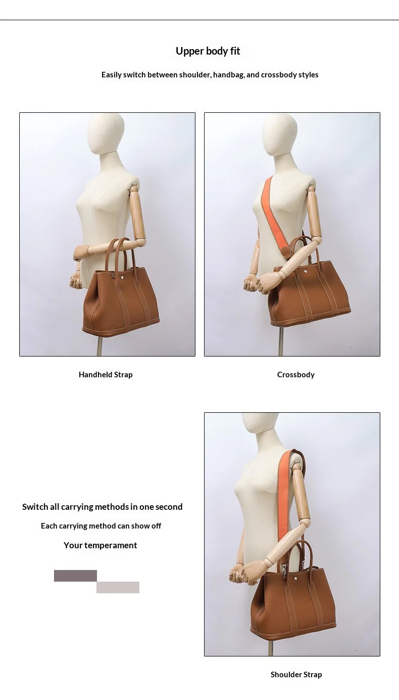 Mannequin displaying a brown handbag with different straps on a gray background