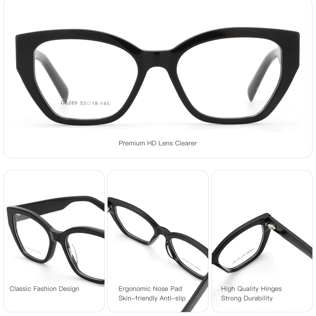 Black eyeglasses with features highlighted on a white background
