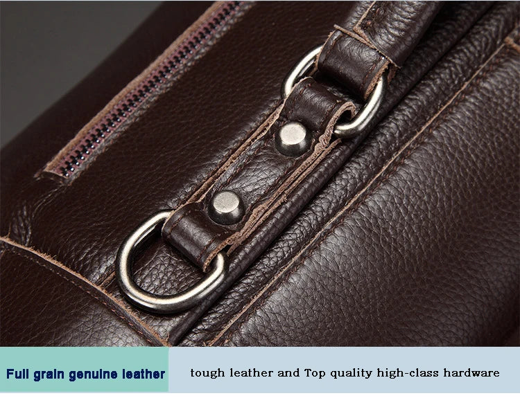 Close-up of a brown leather bag with metal hardware, featuring full grain genuine leather and top quality high-class hardware.