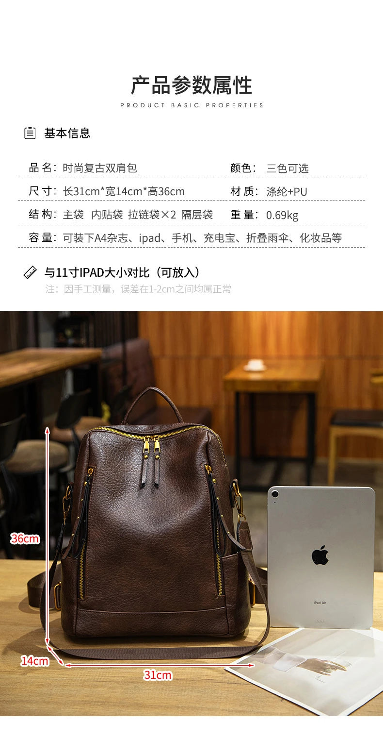 A brown leather backpack is shown on a tabletop with overlaid dimensions and a size table above, explaining product measurements and capacity. This is an auxiliary informational image rather than a clean standalone product shot, so subject_type is Measurement Chart.
