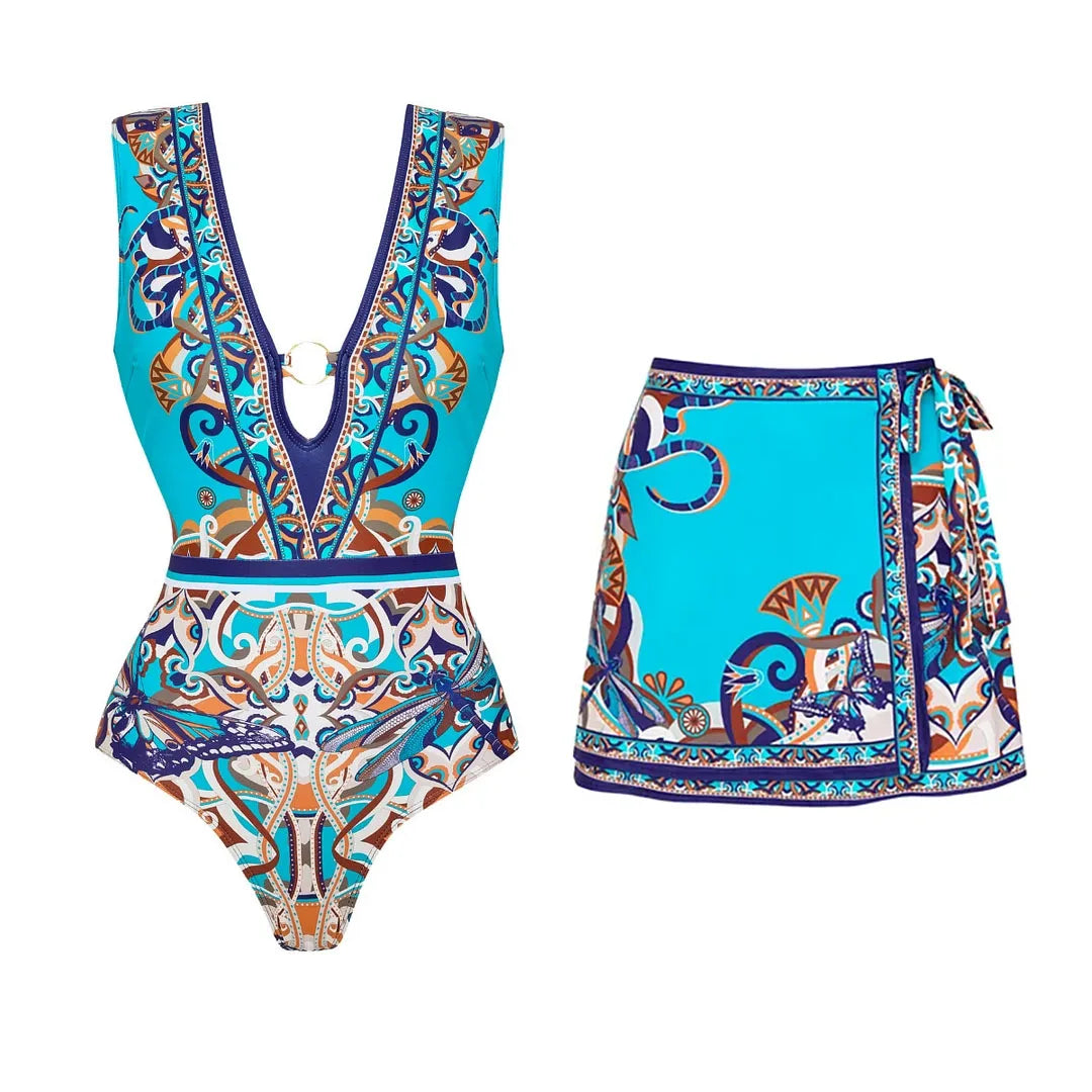 Vibrant Patterned Long Sleeve Bikini Set