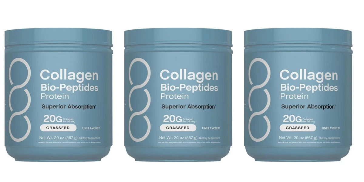 Three containers of Collagen Bio-Peptides Protein on a white background