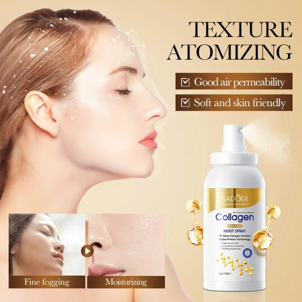 Collagen moist spray with a woman's face and product details on a beige background