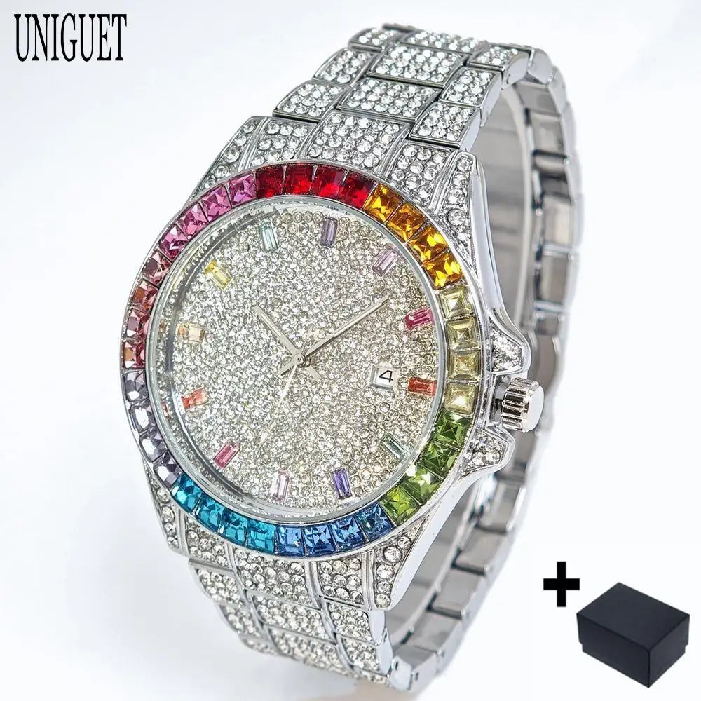A silver-toned UNIGUET watch covered in rhinestones, featuring a rainbow-colored crystal bezel and colorful crystal hour markers, shown on a white background with a small black box and plus sign graphic.