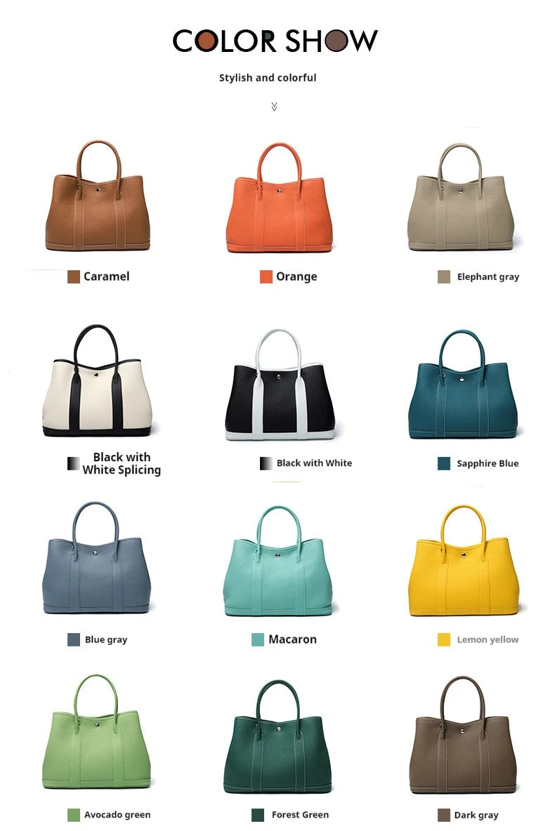 A color options chart for leather tote bags, showing 12 different handbags in various colors like caramel, orange, elephant gray, black with white splicing, sapphire blue, blue gray, macaron, lemon yellow, avocad green, forest green, and dark gray, under the heading 'COLOR SHOW'.