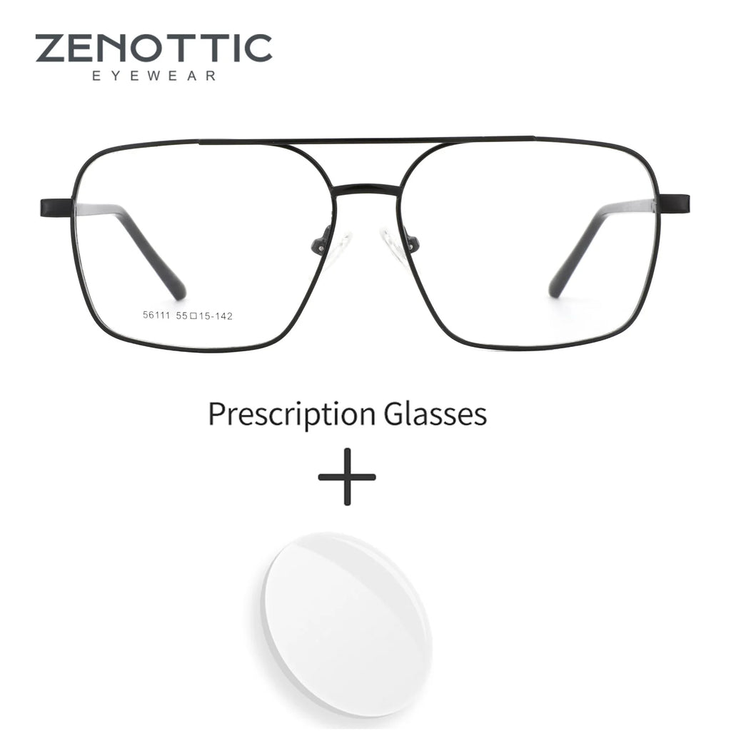 Black metal prescription eyeglass frames shown from the front on a white background, with the text 'ZENOTTIC EYEWEAR' at top left, 'Prescription Glasses' in the center, and a clear round lens below a plus sign.