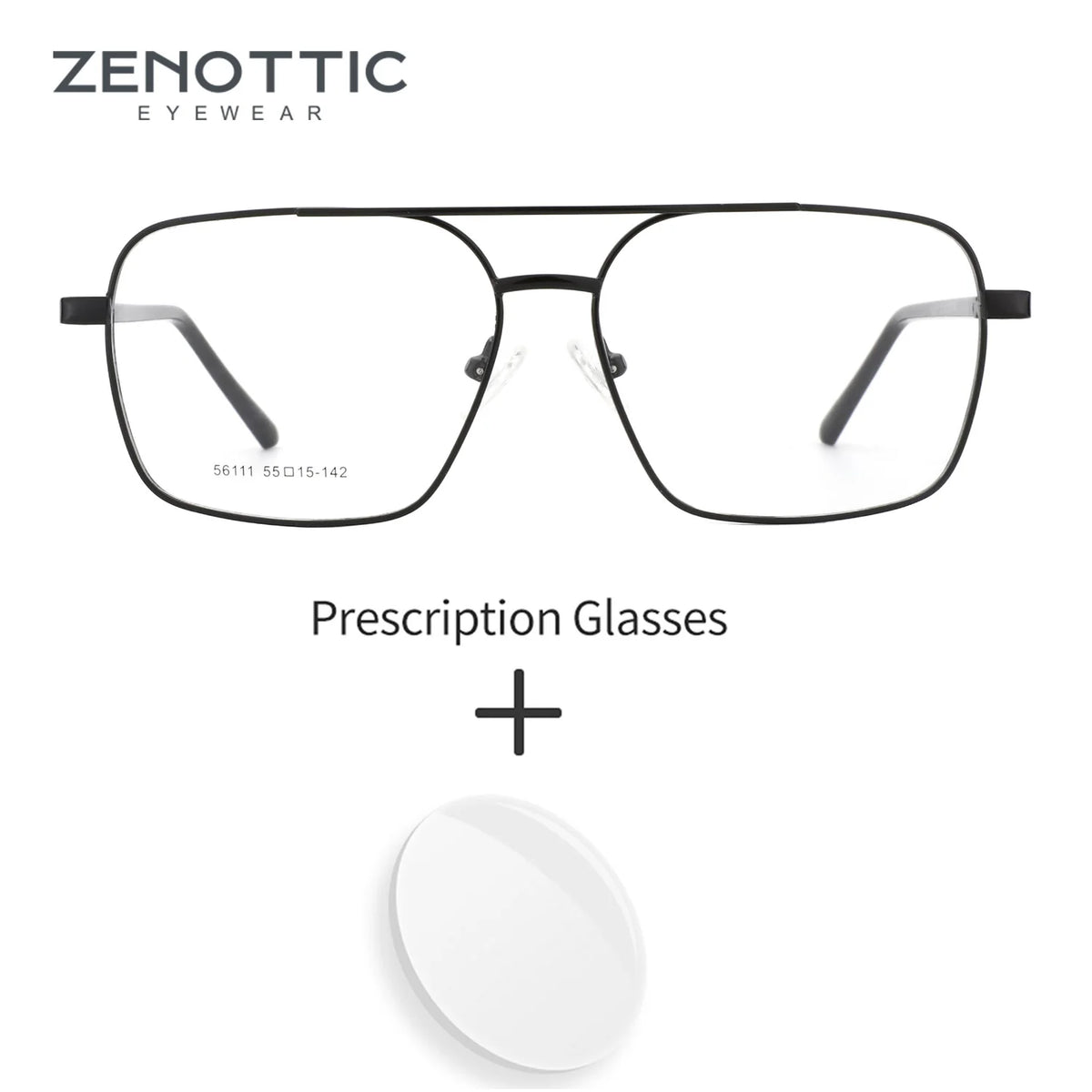 Black metal prescription eyeglass frames shown from the front on a white background, with the text 'ZENOTTIC EYEWEAR' at top left, 'Prescription Glasses' in the center, and a clear round lens below a plus sign.