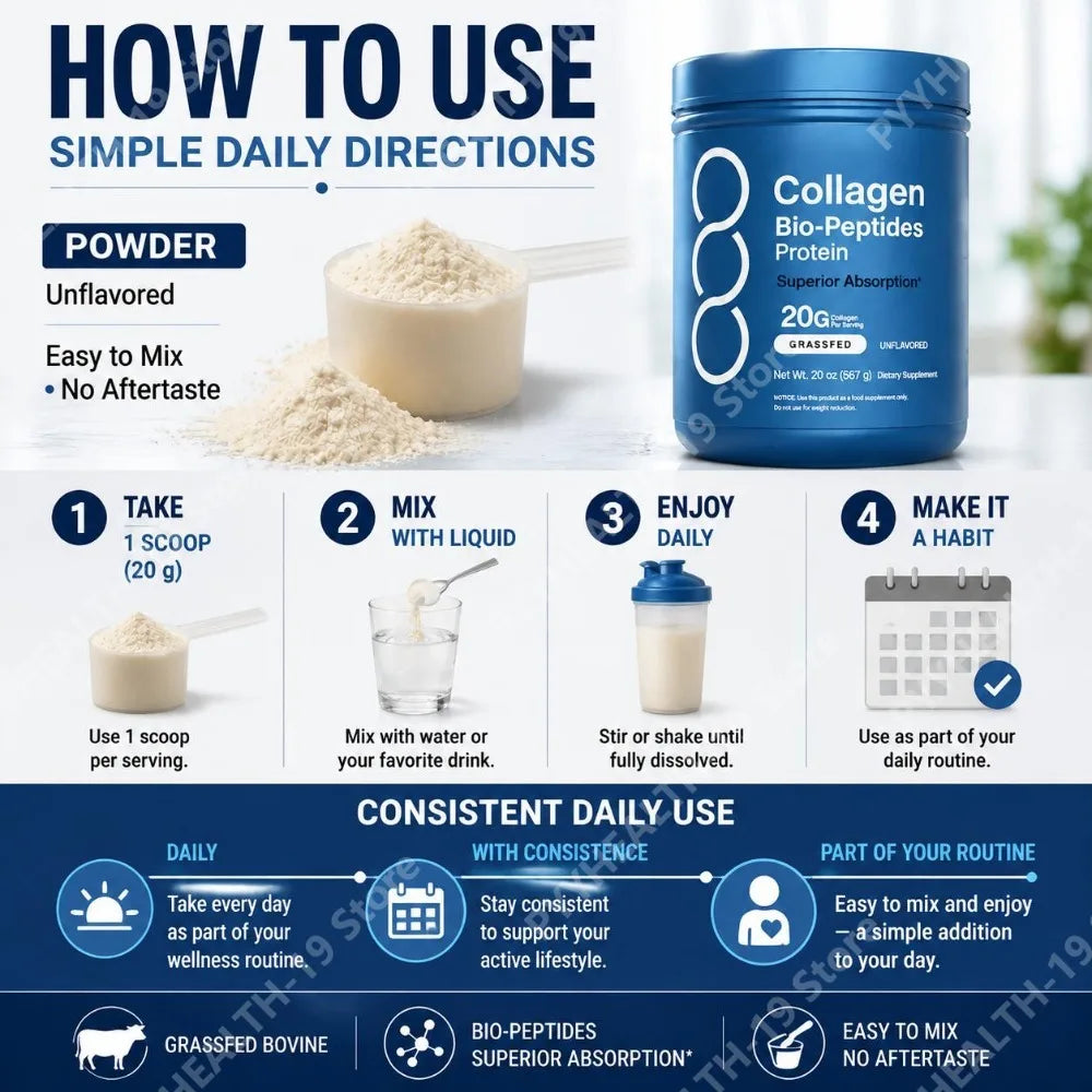 An infographic titled 'HOW TO USE' for a blue container of Collagen Bio-Peptides Protein powder. It shows a scoop of beige powder, step-by-step directions to mix and consume one scoop daily, and feature icons for grass-fed bovine and bio-peptides superior absorption.
