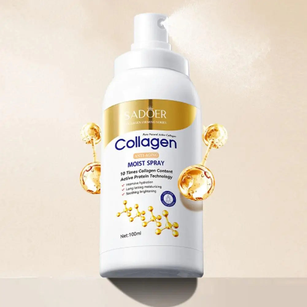 Collagen mist spray bottle with Sadoer branding on a beige background