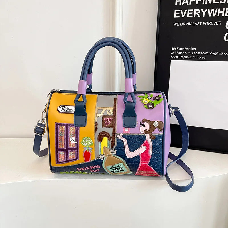 Colorful handbag with artistic design on a white surface