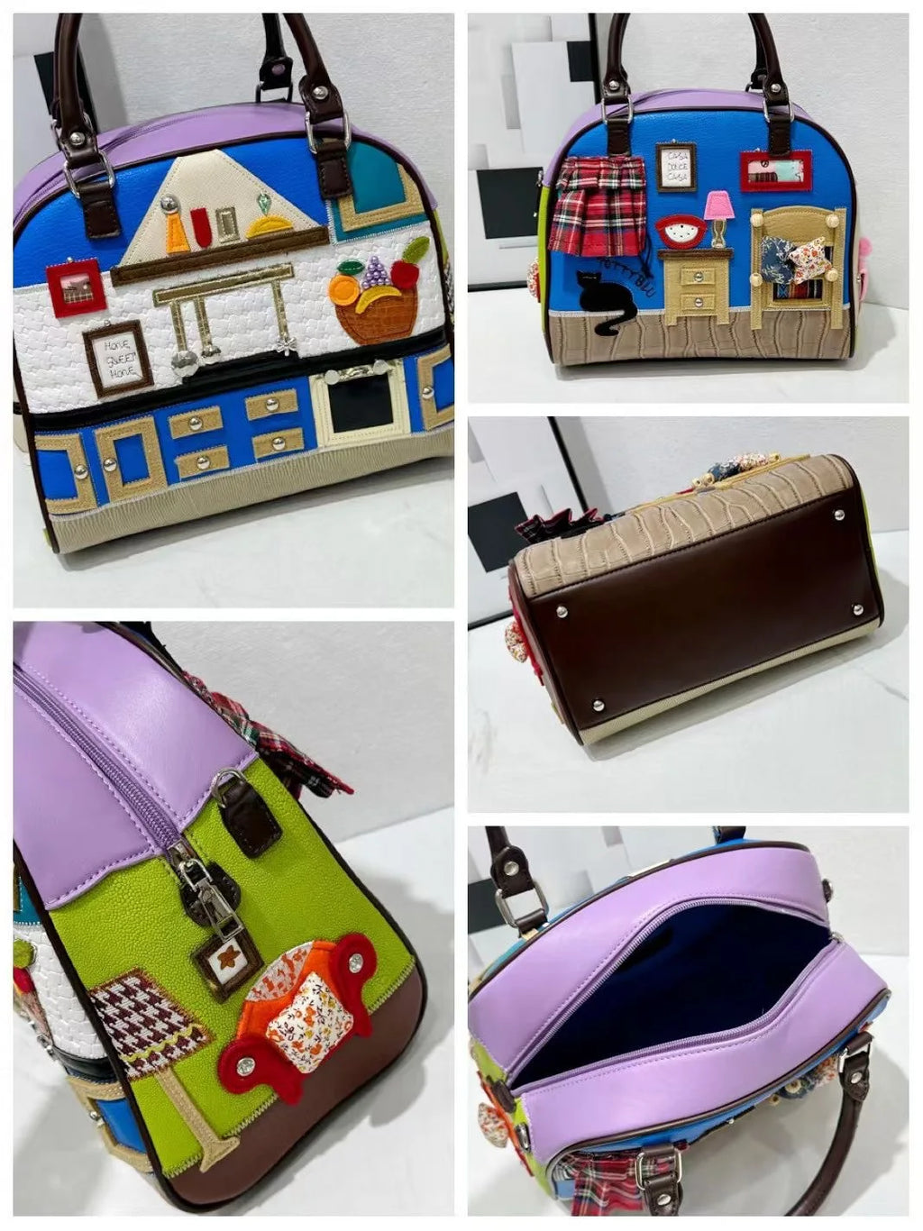Collage of handbags with unique designs and patterns