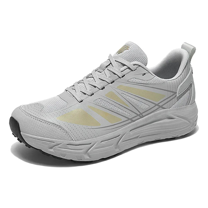 White running shoe with beige accents on a white background