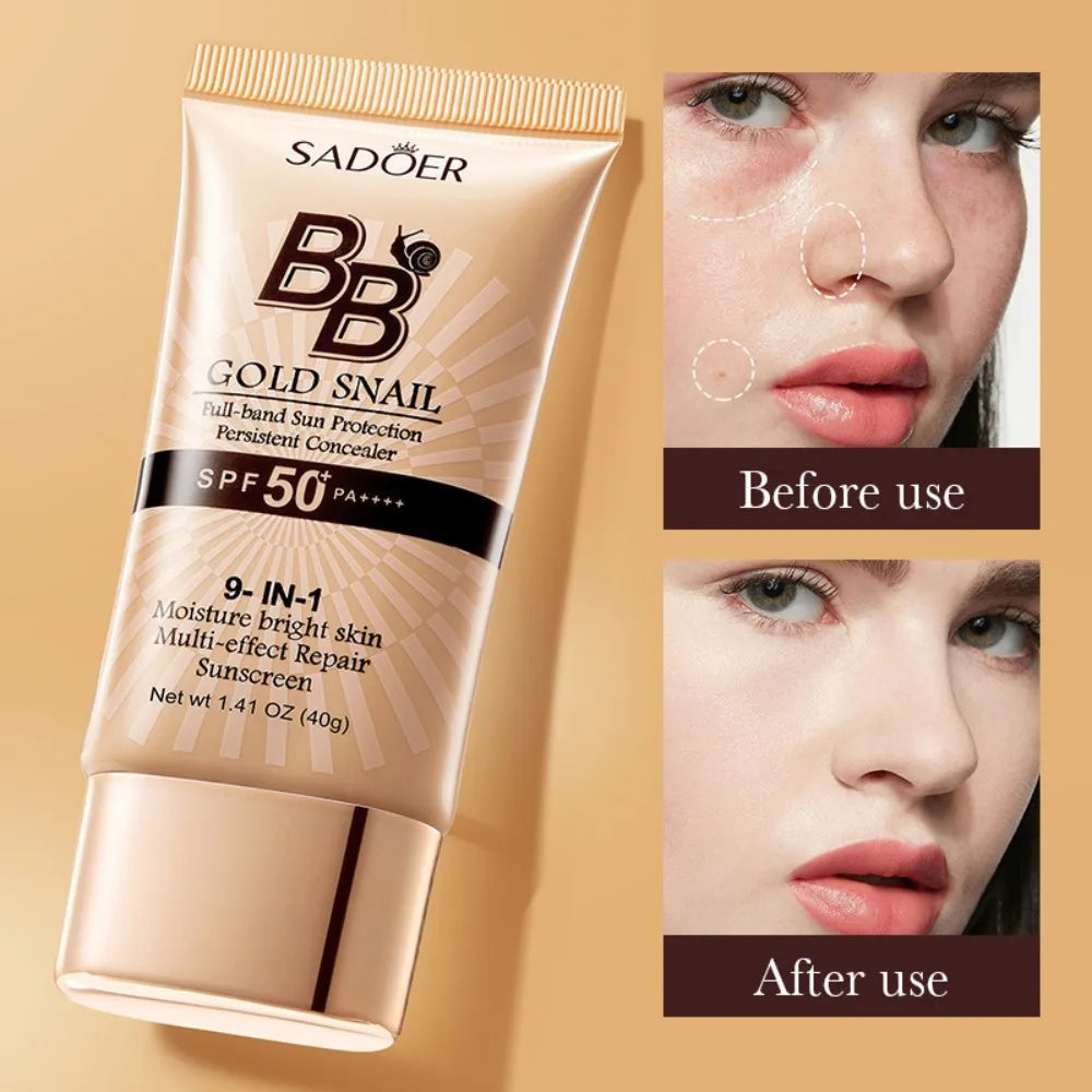 Sadoer BB Golden Snail sunscreen tube with 'Before use' and 'After use' before-and-after images on a beige background.