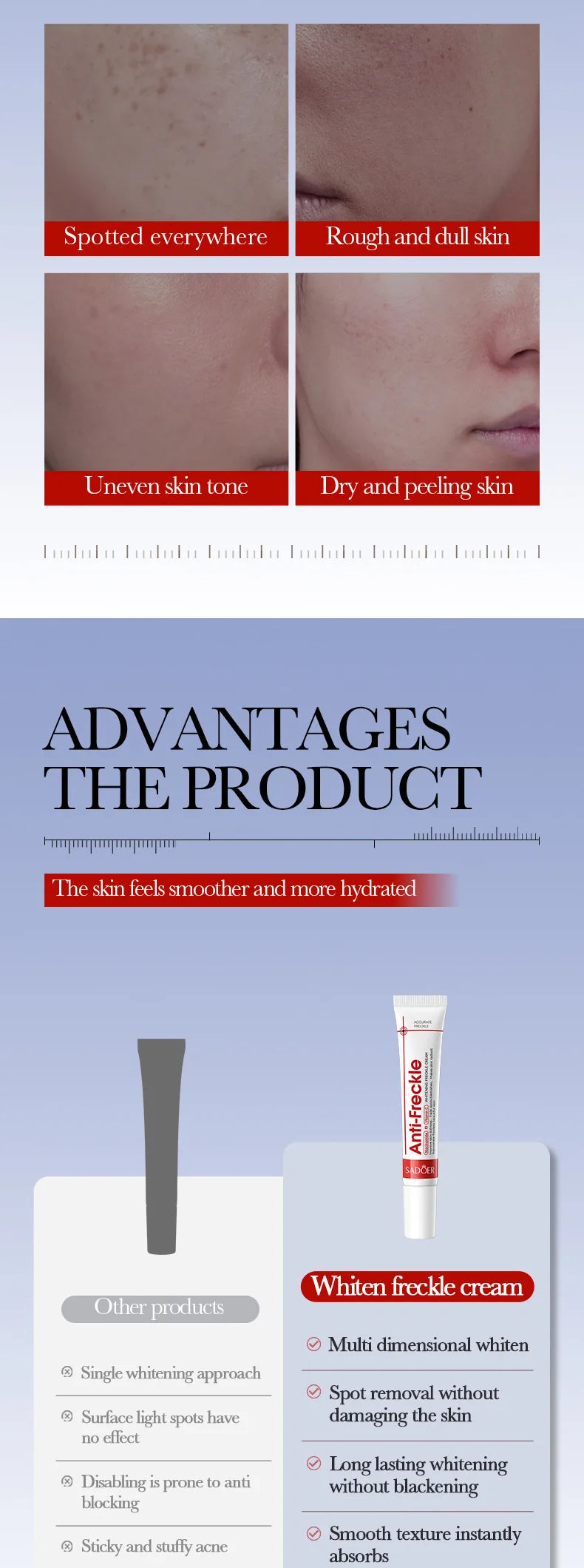 Advertisement for a skincare product with text and images of skin conditions and product features.