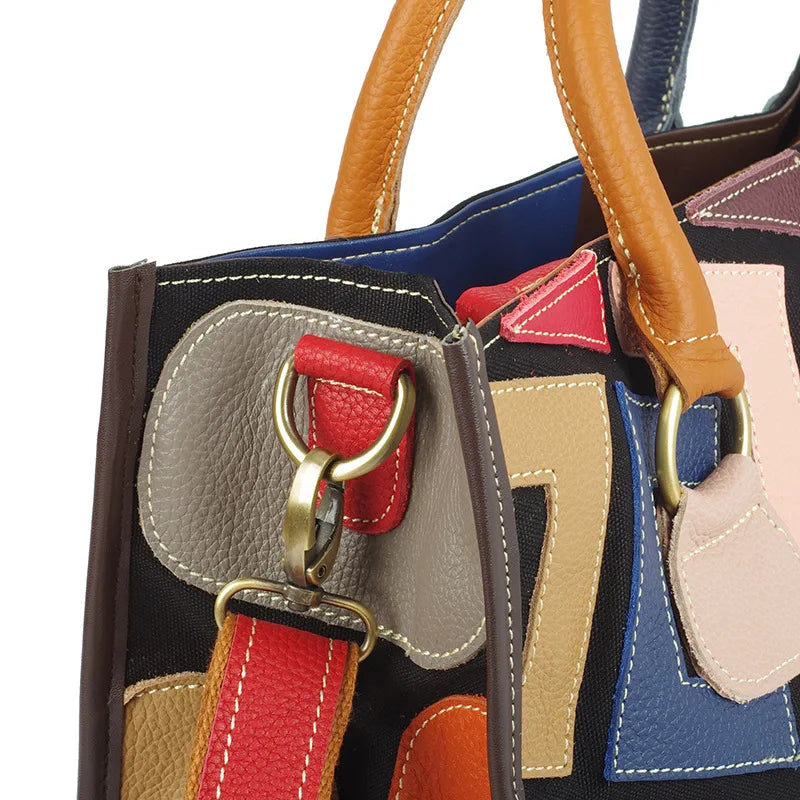 Women's Genuine Leather Color-Contrast Tote Bag