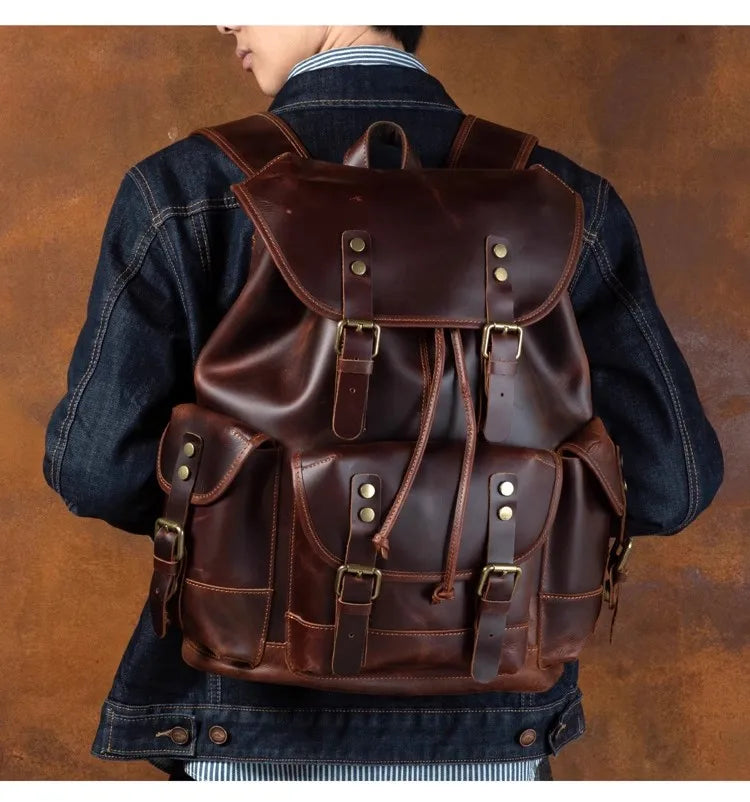 Retro crazy horse leather backpack men's large capacity travel bag fashion trend genuine leather backpack