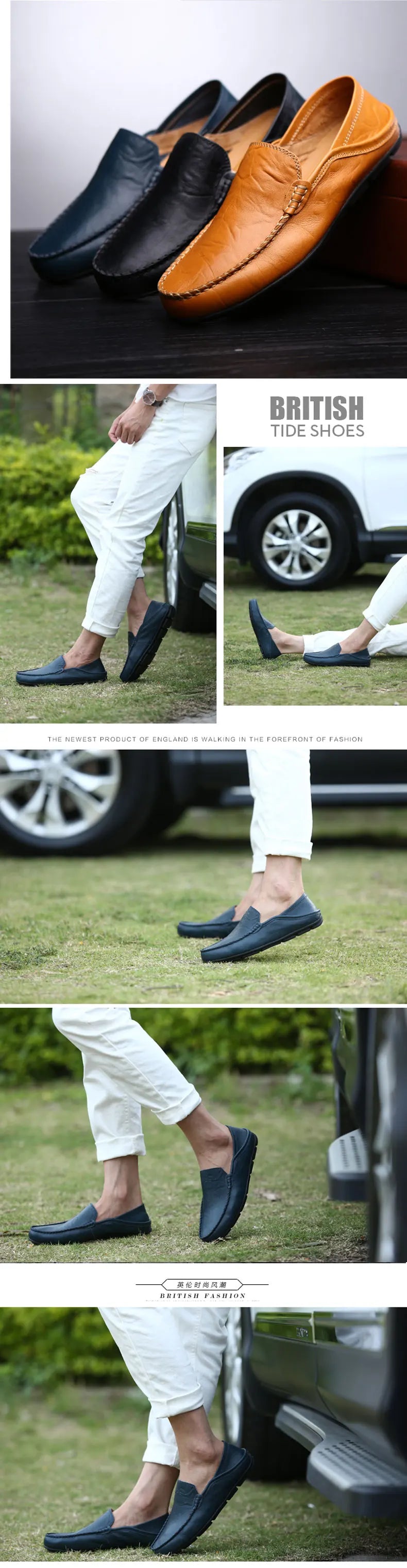 Collage of men's loafers in various colors with people wearing them outdoors.