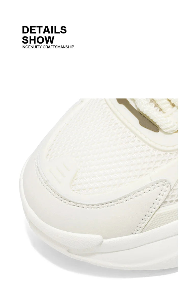 Close-up of a white sneaker with text 'DETAILS SHOW' and 'INGENUITY CRAFTSMANSHIP' on a white background.