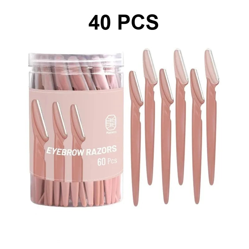 Pack of 40 pink eyebrow razors with packaging on a white background