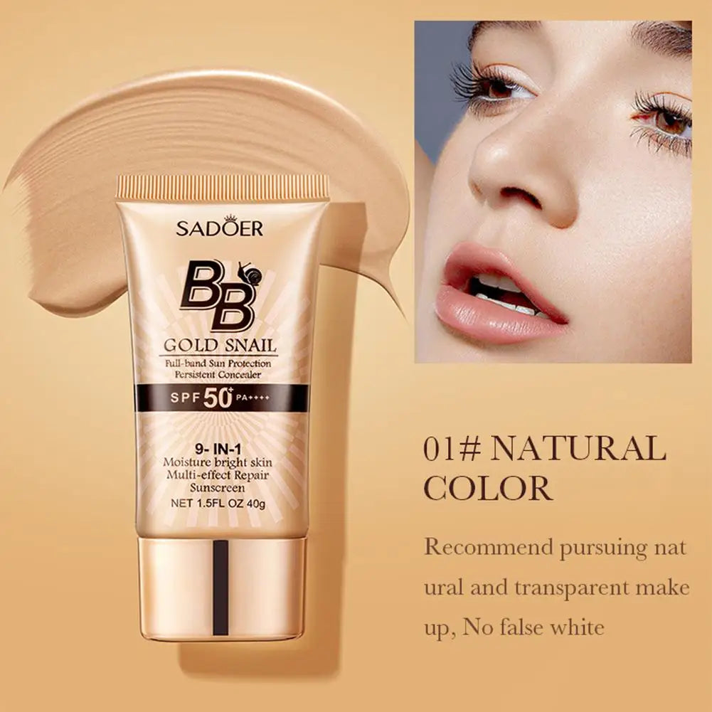 Sadoer BB Cream tube with a close-up of a woman's face on a beige background