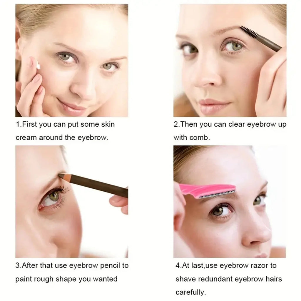 Step-by-step guide on grooming eyebrows with various tools.