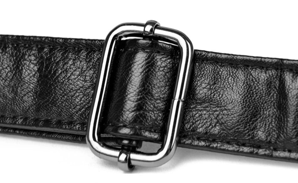 Black leather belt with a silver buckle on a white background