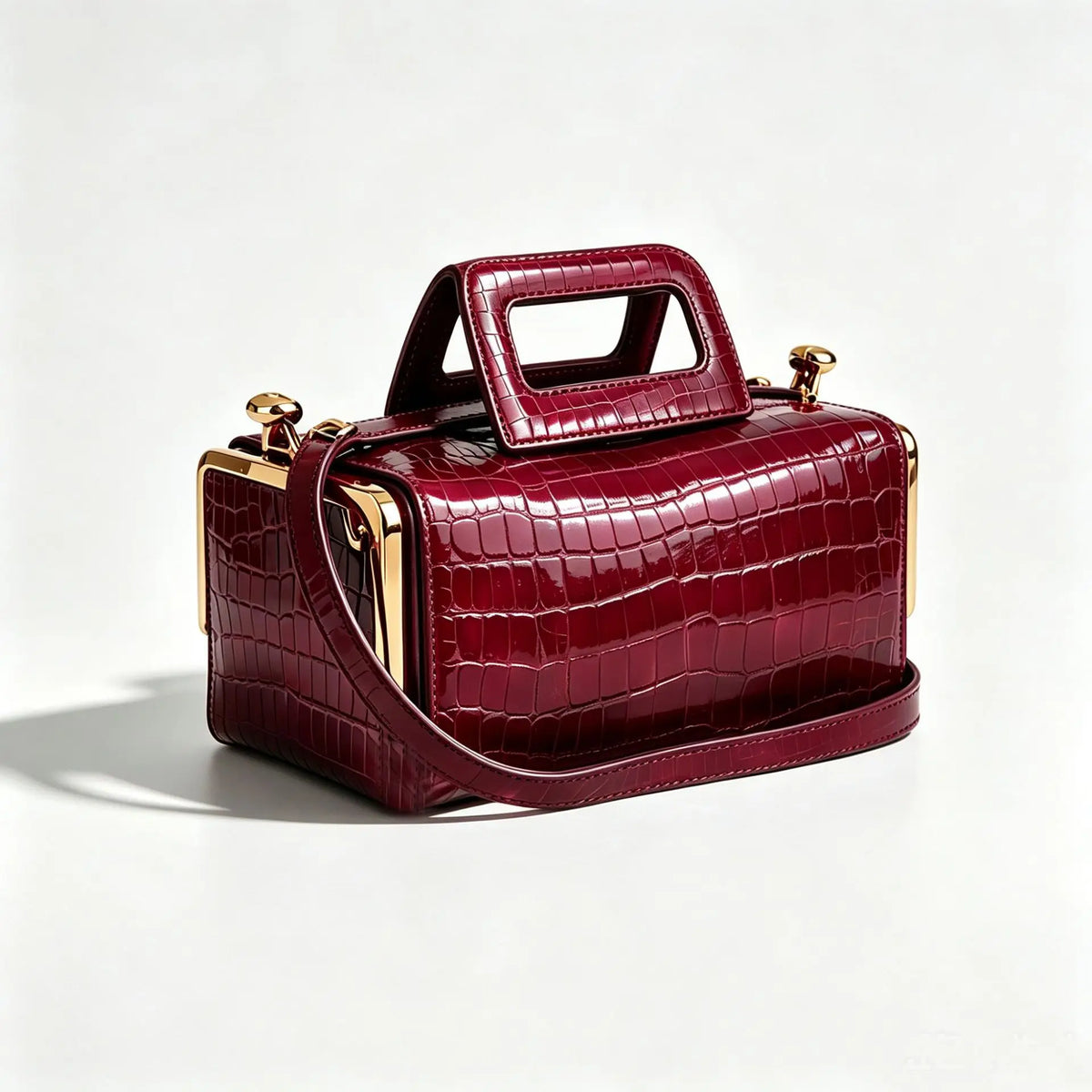 A structured burgundy crocodile-embossed leather handbag with a top handle, detachable shoulder strap, and gold-tone hardware, photographed on a clean white studio background.