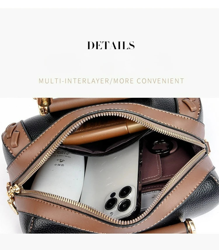 Close-up of an open black and brown pebbled leather handbag with gold-tone zippers, shown with a phone, pen, and wallet inside. Text above reads 'DETAILS' and 'MULTI-INTERLAYER/MORE CONVENIENT'.