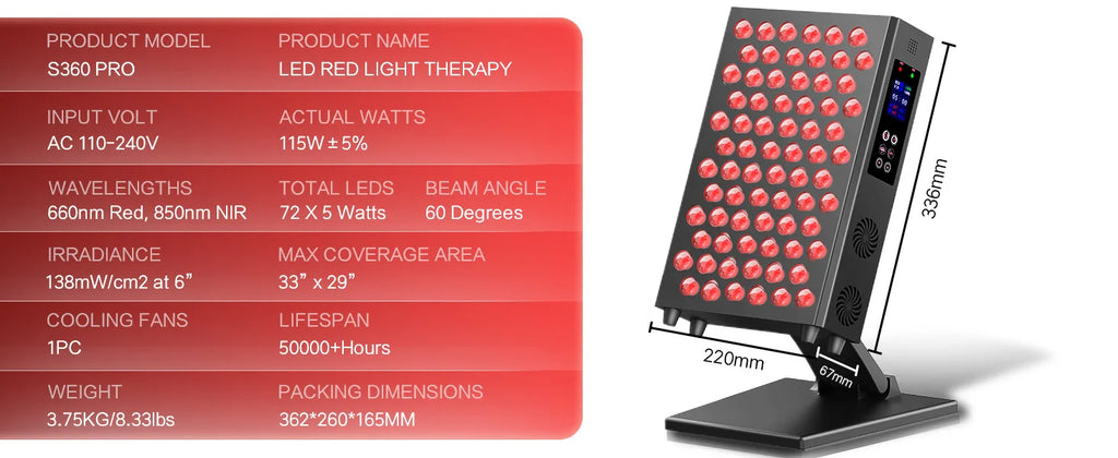 LED red light therapy device with specifications on a white background