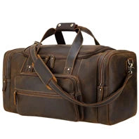 Brown leather duffel bag on a white background
